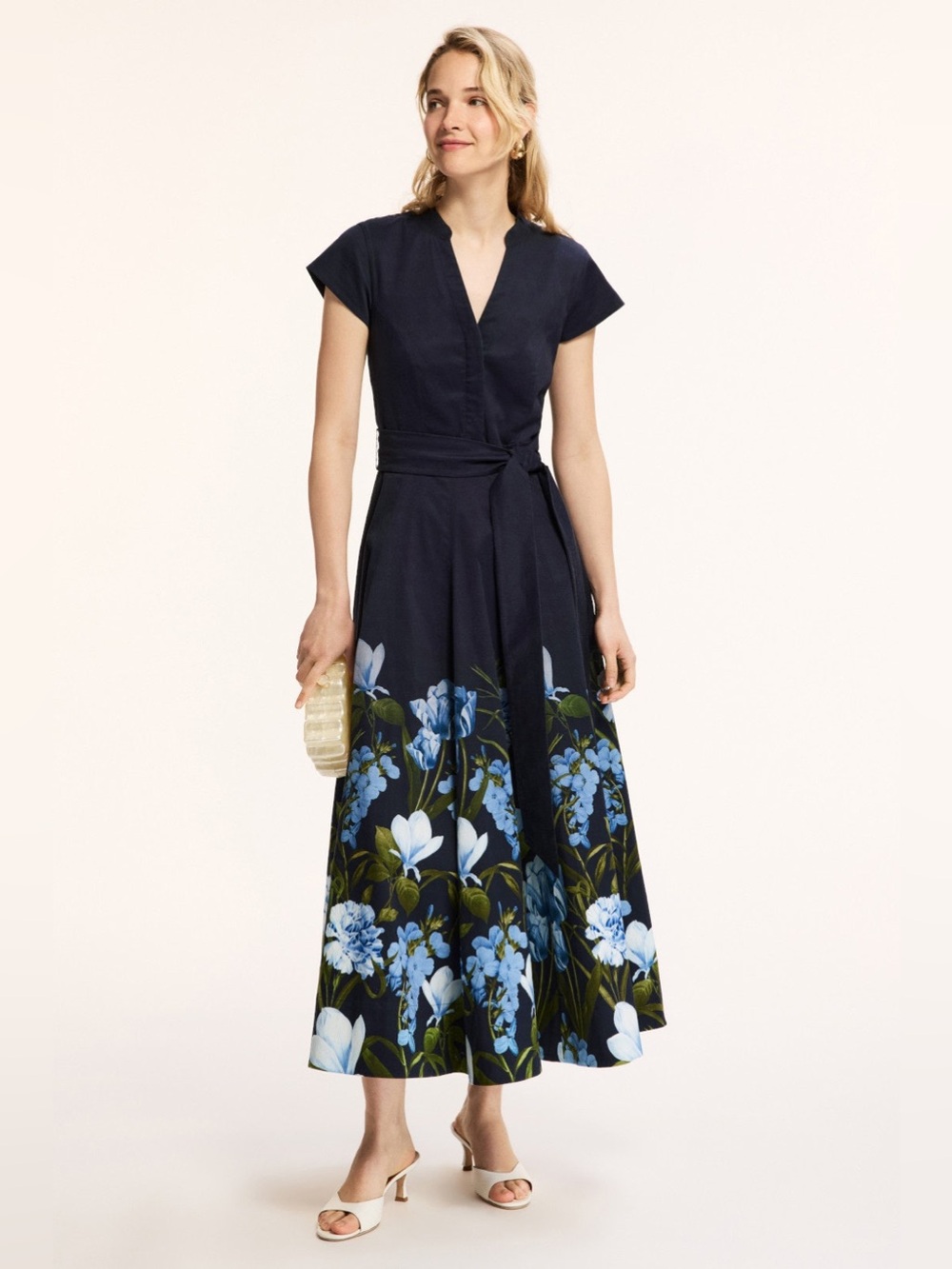 Sachin & Babi Gannika floral belted midi dress in a  navy blue botanical SZ 10